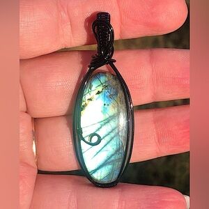 Wire Wrapped Blue Labradorite Black Pendant Necklace Handmade OOAK